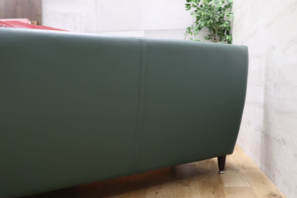 GMET293○アサヒ / ASAHI プレスト 2人掛けソファ ラブソファ グリーン ソフトレザー オットマンセット 約23万