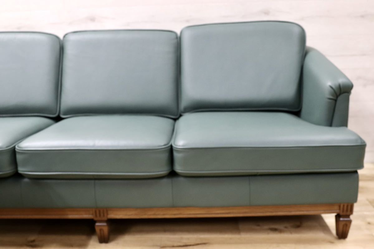 GMFT103A○domani / ドマーニ QUEENSLIFE クイーンズライフ 3人掛けソファ トリプルソファ オットマン 緑色 総革 定価約50万 展示品