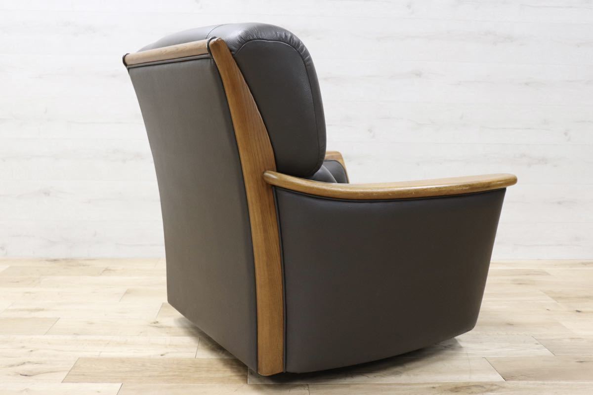 GMFN83○浜本工芸 / HAMAMOTO 回転チェア シングルソファ 革張り 国産家具 楢材 パーソナルチェア 定価約15万