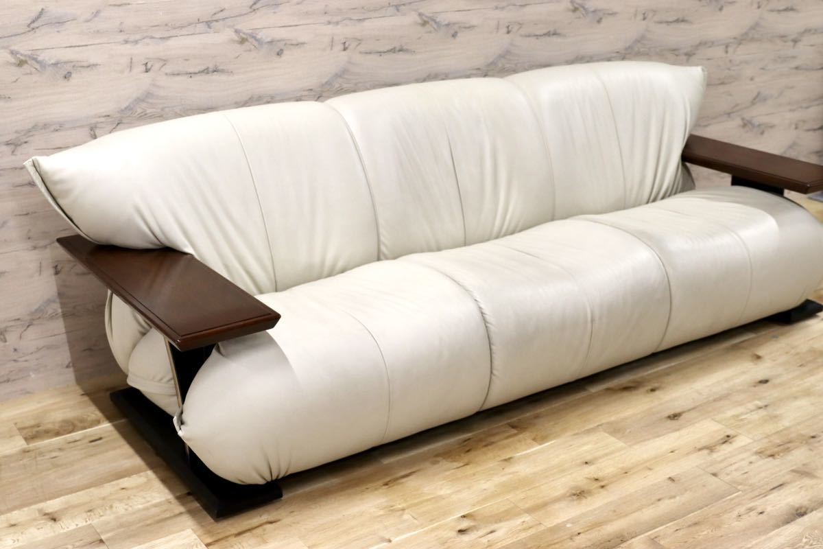 GMFK303○モリシゲ / MORISHIGE Gアーク 3人掛けソファ トリプルソファ 総革 IDC大塚家具 アイボリー 長椅子 定価約64万 美品