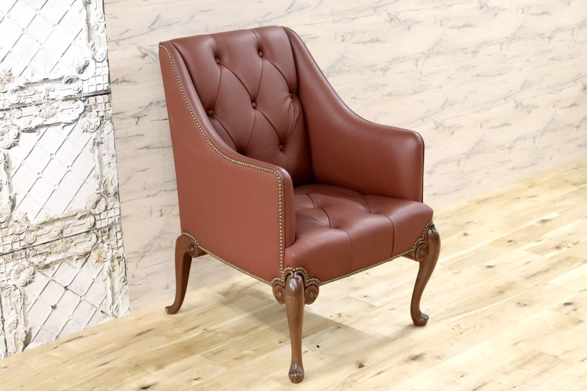 GMFK367B○MOBILIA / モビリア ウイングバックチェア 本革 ラウンジチェア 臙脂色 英国 クラシック ウォールナット材 約50万 展示品