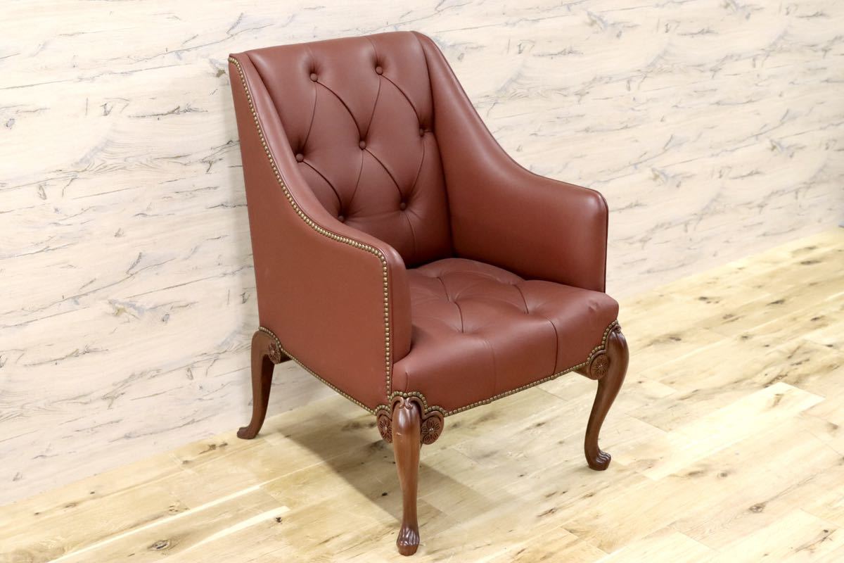 GMFK367E○MOBILIA / モビリア ウイングバックチェア 本革 ラウンジチェア 臙脂色 英国 クラシック ウォールナット材 約50万 展示品