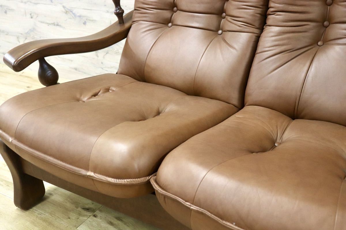 GMFN177○オランダ ダッチカントリースタイル 3人掛けソファ トリプルソファ 本革 ブラウン オーク材