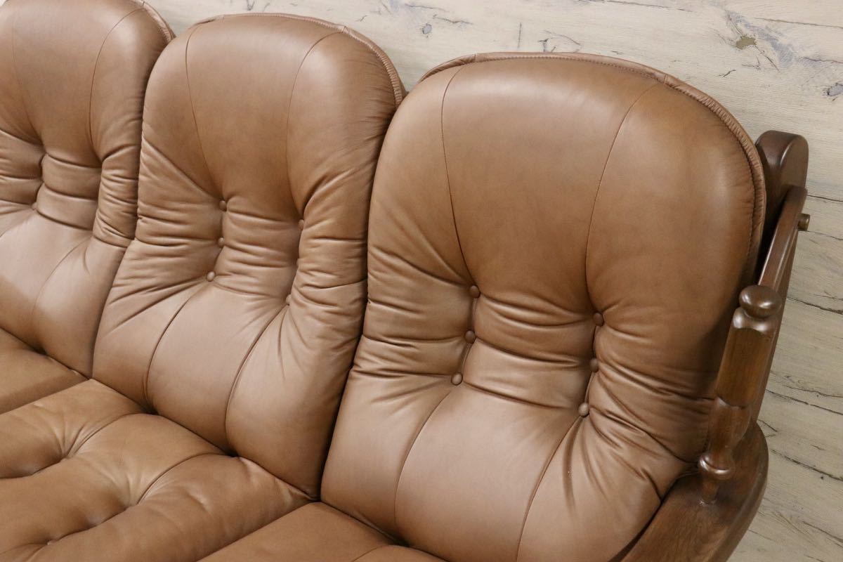 GMFN177○オランダ ダッチカントリースタイル 3人掛けソファ トリプルソファ 本革 ブラウン オーク材