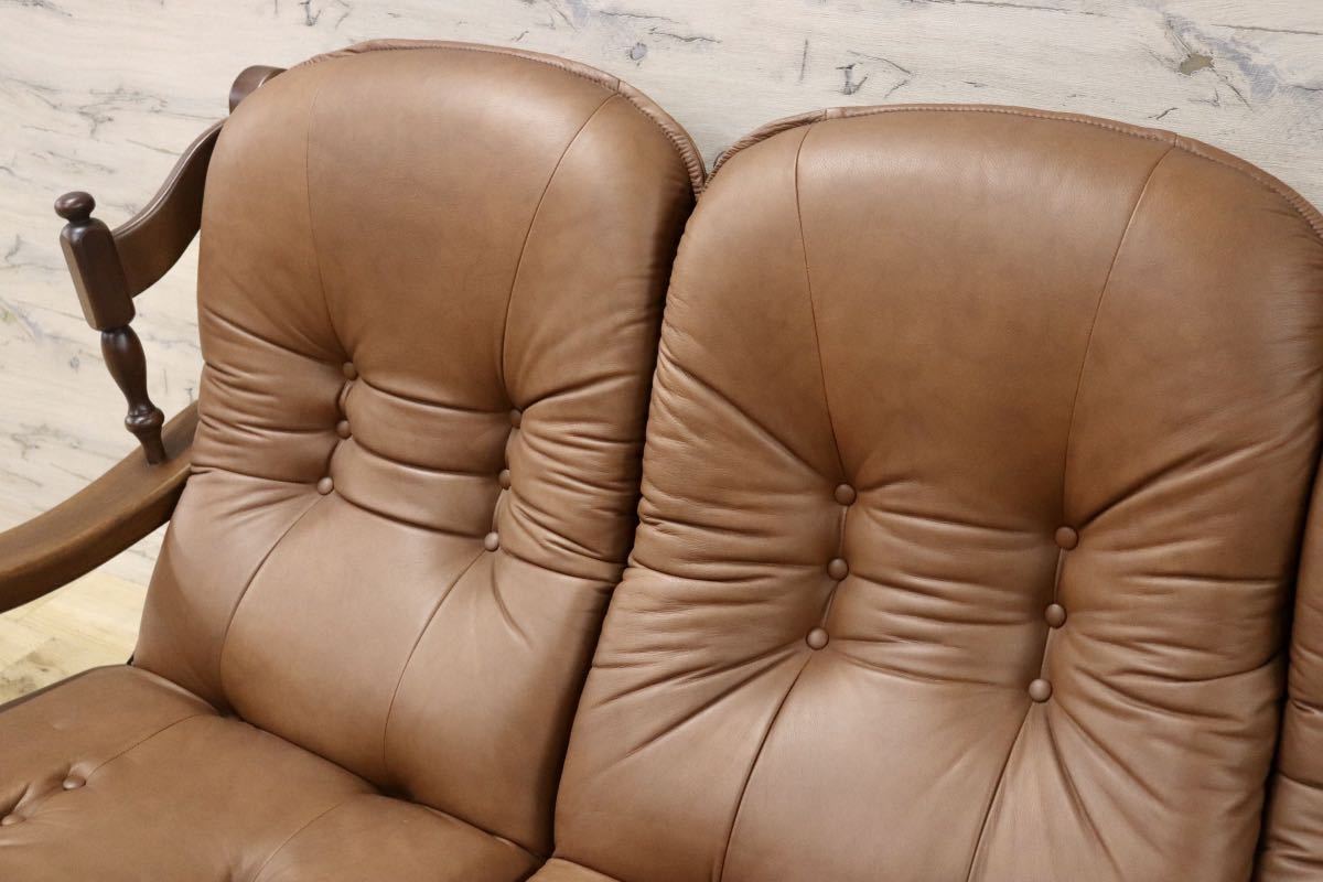 GMFN177○オランダ ダッチカントリースタイル 3人掛けソファ トリプルソファ 本革 ブラウン オーク材