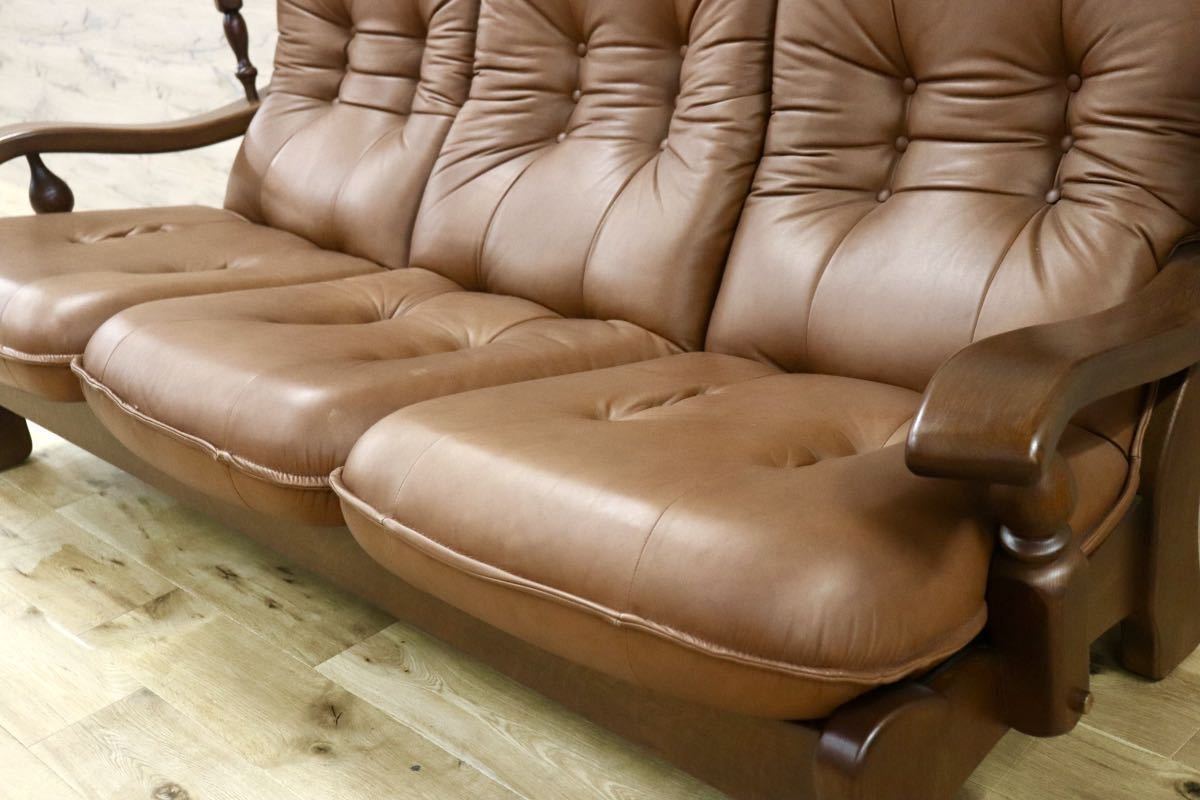 GMFN177○オランダ ダッチカントリースタイル 3人掛けソファ トリプルソファ 本革 ブラウン オーク材