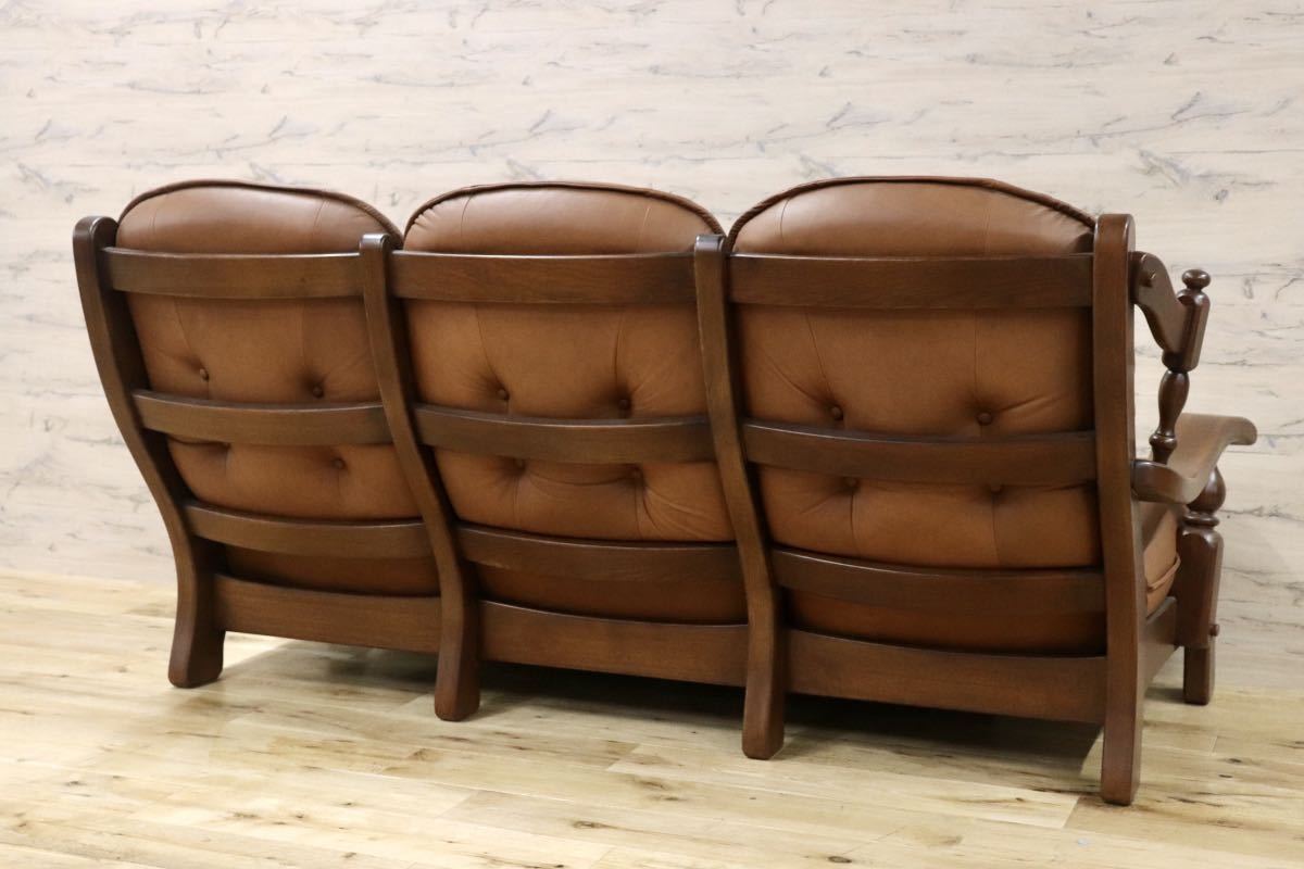 GMFN177○オランダ ダッチカントリースタイル 3人掛けソファ トリプルソファ 本革 ブラウン オーク材