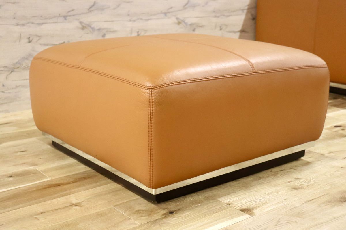 GMFK334○イタリア製 最高級 総本革 3人掛けソファ トリプルソファ オットマン オレンジ 輸入家具 モダン ラグジュアリー 美品 約150万