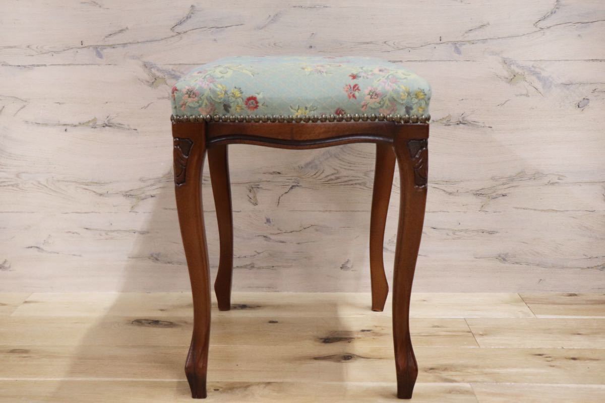 GMFS246A○イタリア製 クラシック スツール 腰掛け 椅子 木製 鋲打ち 猫脚 グリーン ロココ 花柄 展示品
