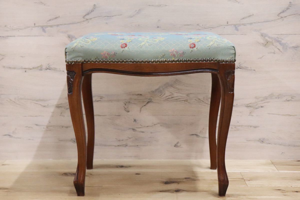 GMFS246A○イタリア製 クラシック スツール 腰掛け 椅子 木製 鋲打ち 猫脚 グリーン ロココ 花柄 展示品