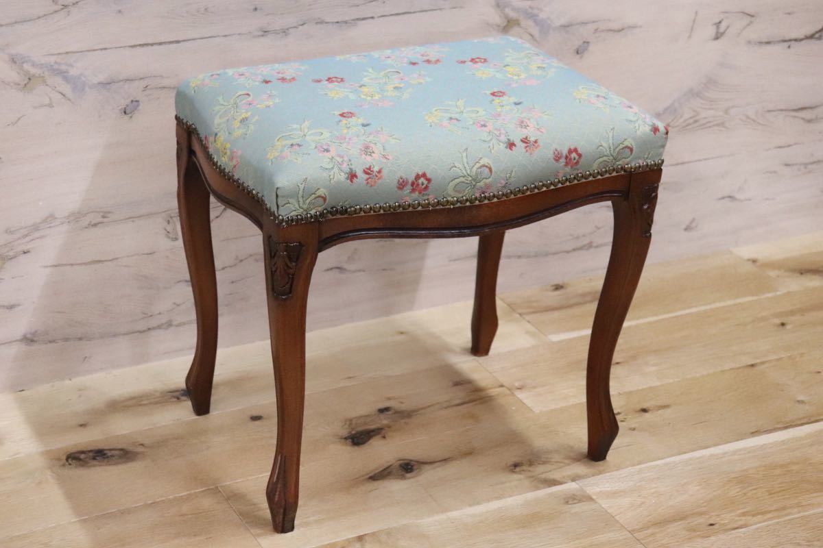 GMFS246A○イタリア製 クラシック スツール 腰掛け 椅子 木製 鋲打ち 猫脚 グリーン ロココ 花柄 展示品