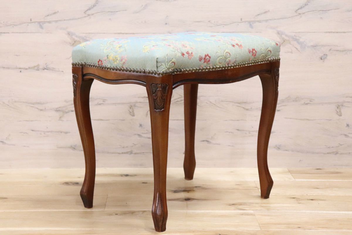 GMFS246A○イタリア製 クラシック スツール 腰掛け 椅子 木製 鋲打ち 猫脚 グリーン ロココ 花柄 展示品