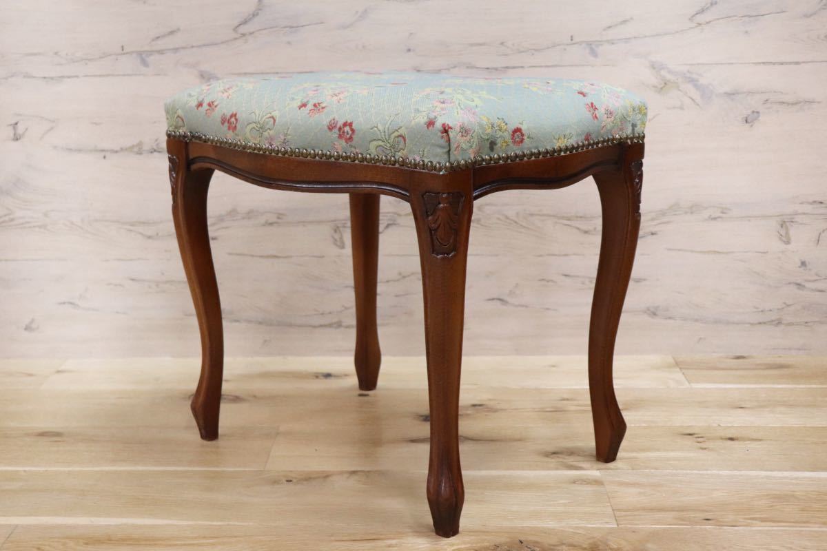 GMFS246A○イタリア製 クラシック スツール 腰掛け 椅子 木製 鋲打ち 猫脚 グリーン ロココ 花柄 展示品