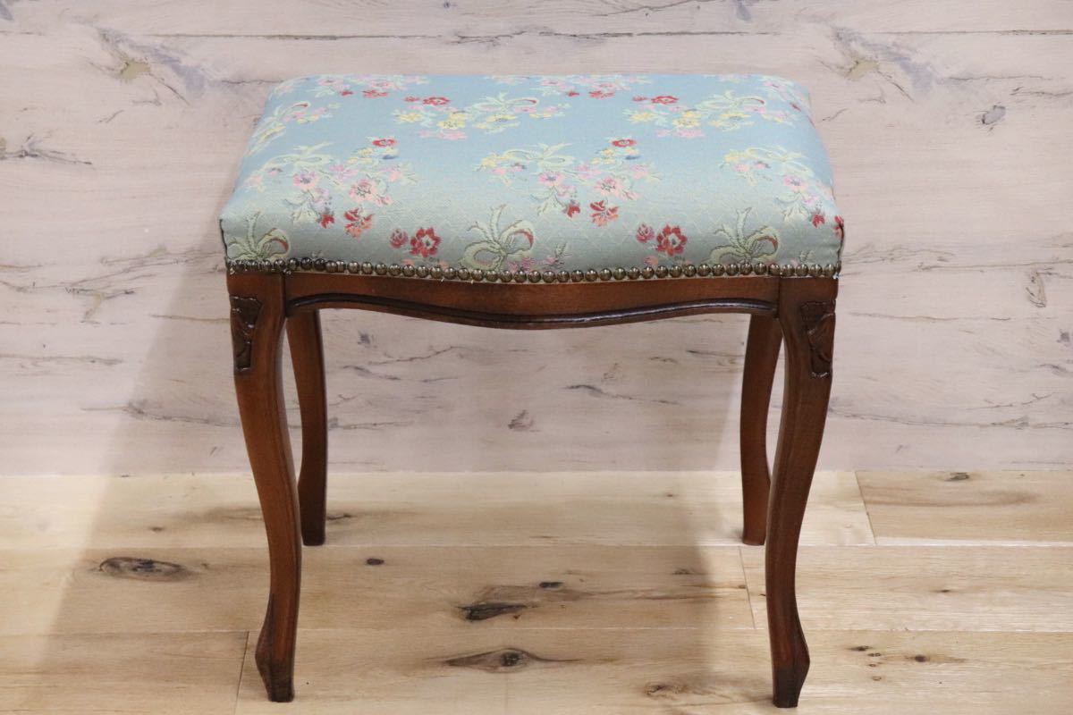 GMFS246A○イタリア製 クラシック スツール 腰掛け 椅子 木製 鋲打ち 猫脚 グリーン ロココ 花柄 展示品