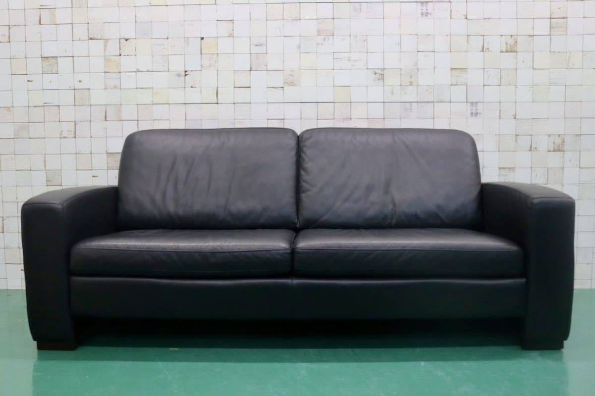 GMFT393○Leather world / レザーワールド 2.5人掛けソファ ラブソファ ラウンジソファ 総革 ブラック 応接 IDC大塚家具 モダン