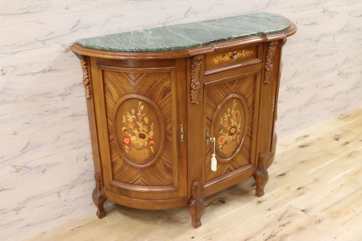 GMFK533○イタリア製 クラシック サイドボード リビングボード コンソール テーブル チェスト 象嵌細工 天板大理石