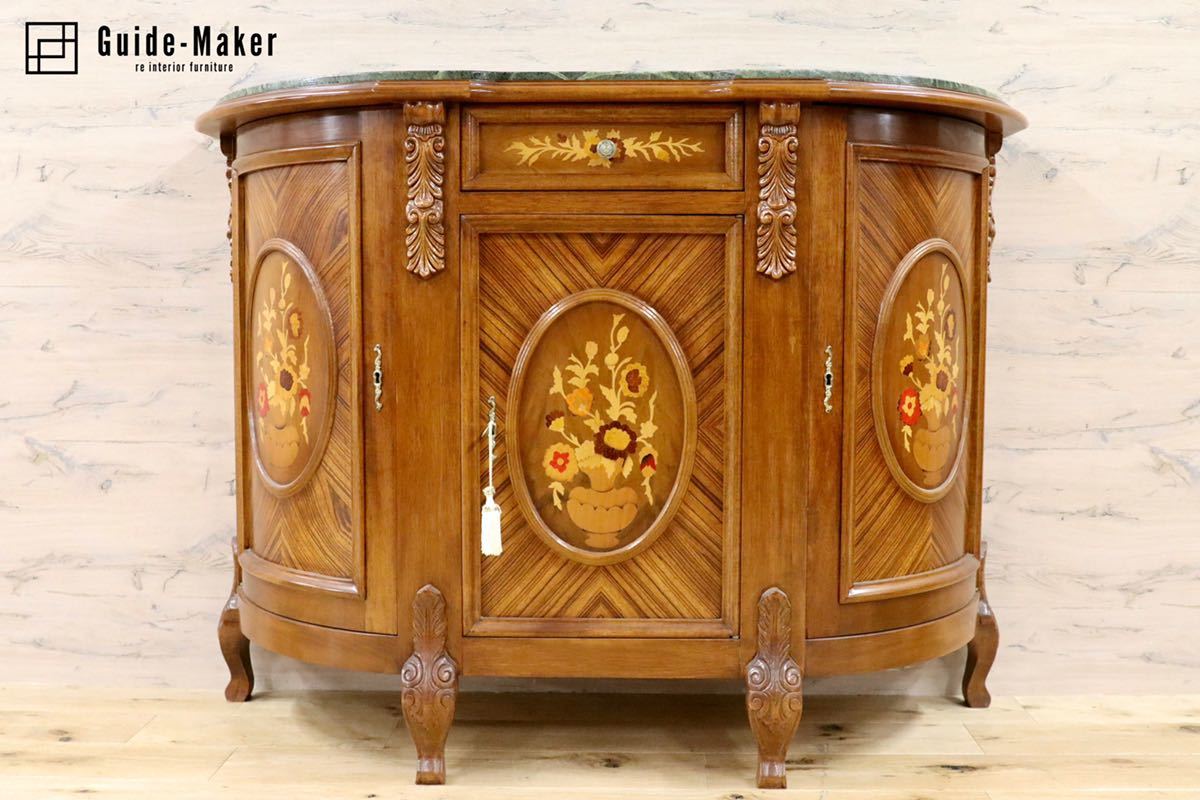 GMFK533○イタリア製 クラシック サイドボード リビングボード コンソール テーブル チェスト 象嵌細工 天板大理石