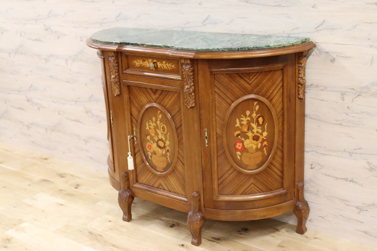 GMFK533○イタリア製 クラシック サイドボード リビングボード コンソール テーブル チェスト 象嵌細工 天板大理石