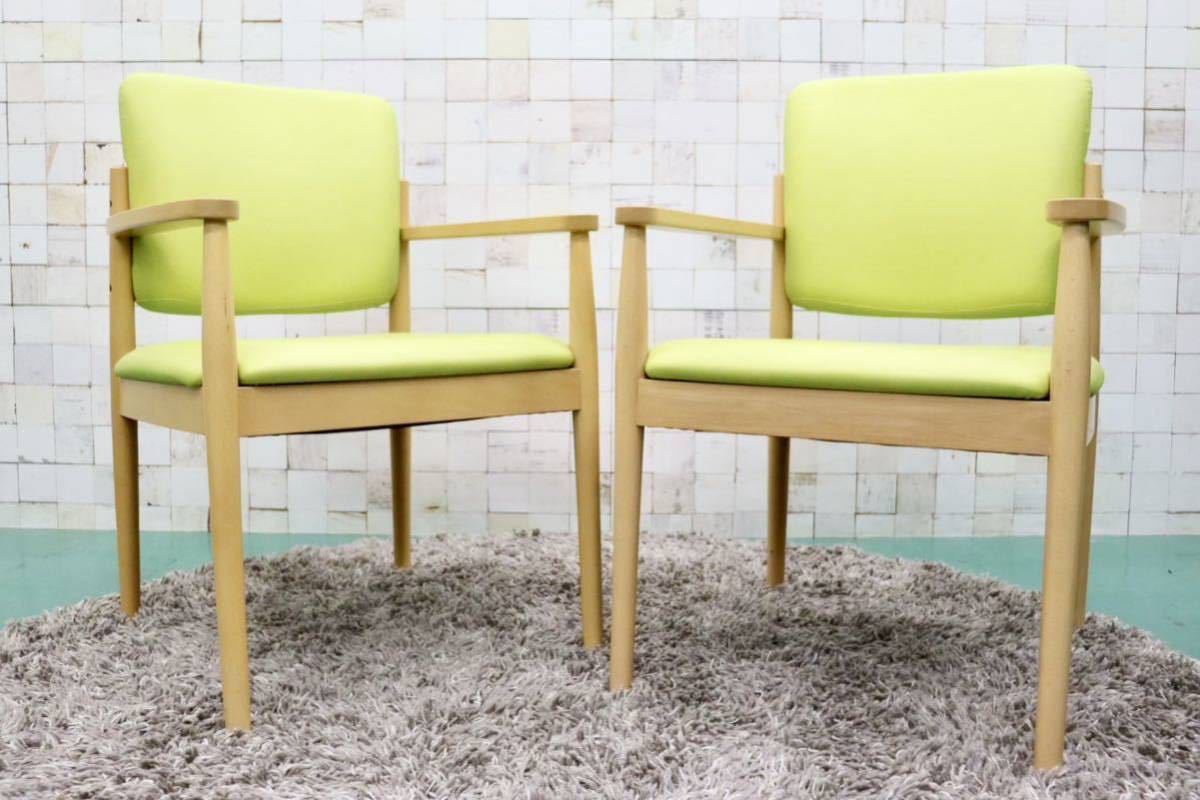 GMFT413C○LION / ライオン事務器 アームチェア オフィスチェア 椅子 2脚セット 合皮 イエローグリーン ナチュラル