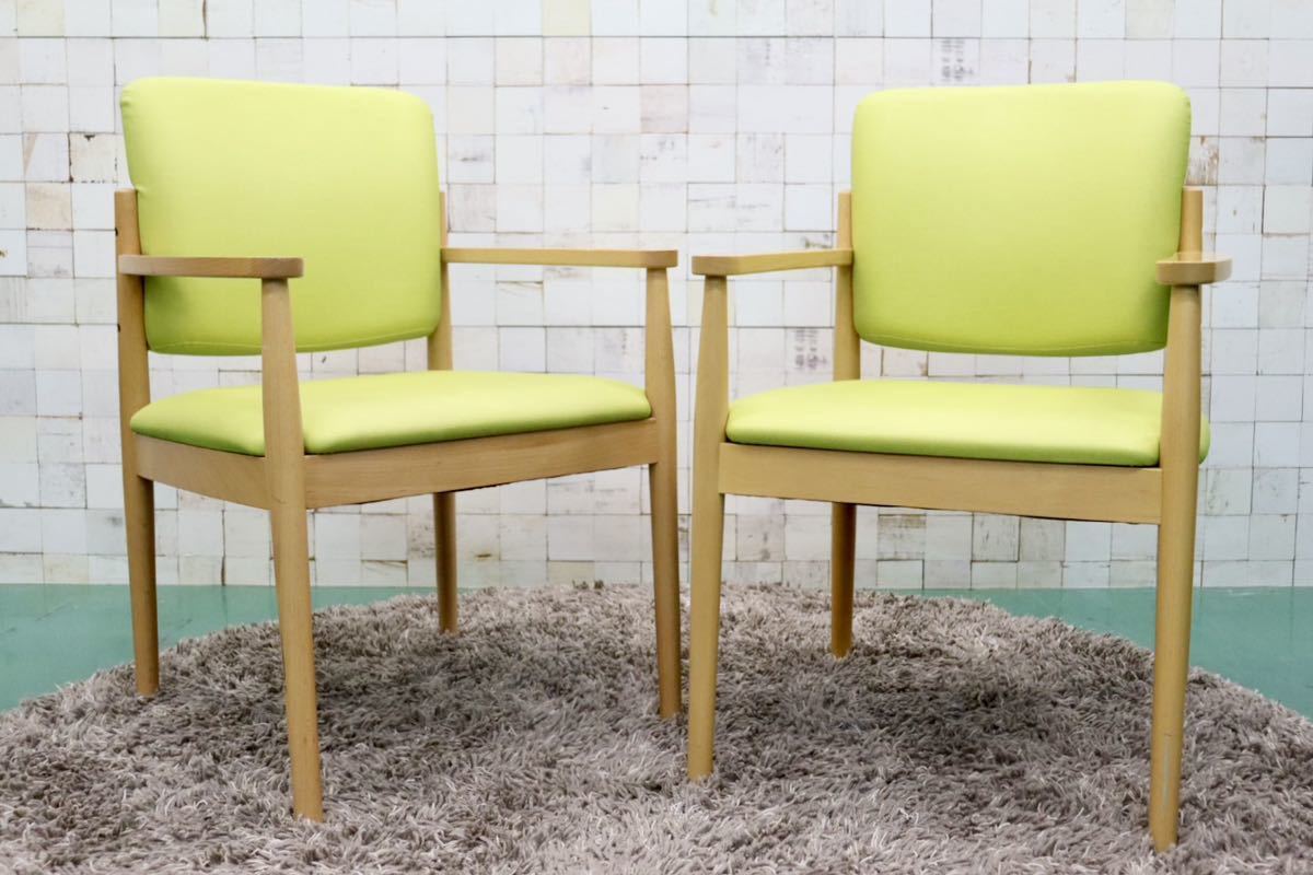 GMFT413D○LION / ライオン事務器 アームチェア オフィスチェア 椅子 2脚セット 合皮 イエローグリーン ナチュラル