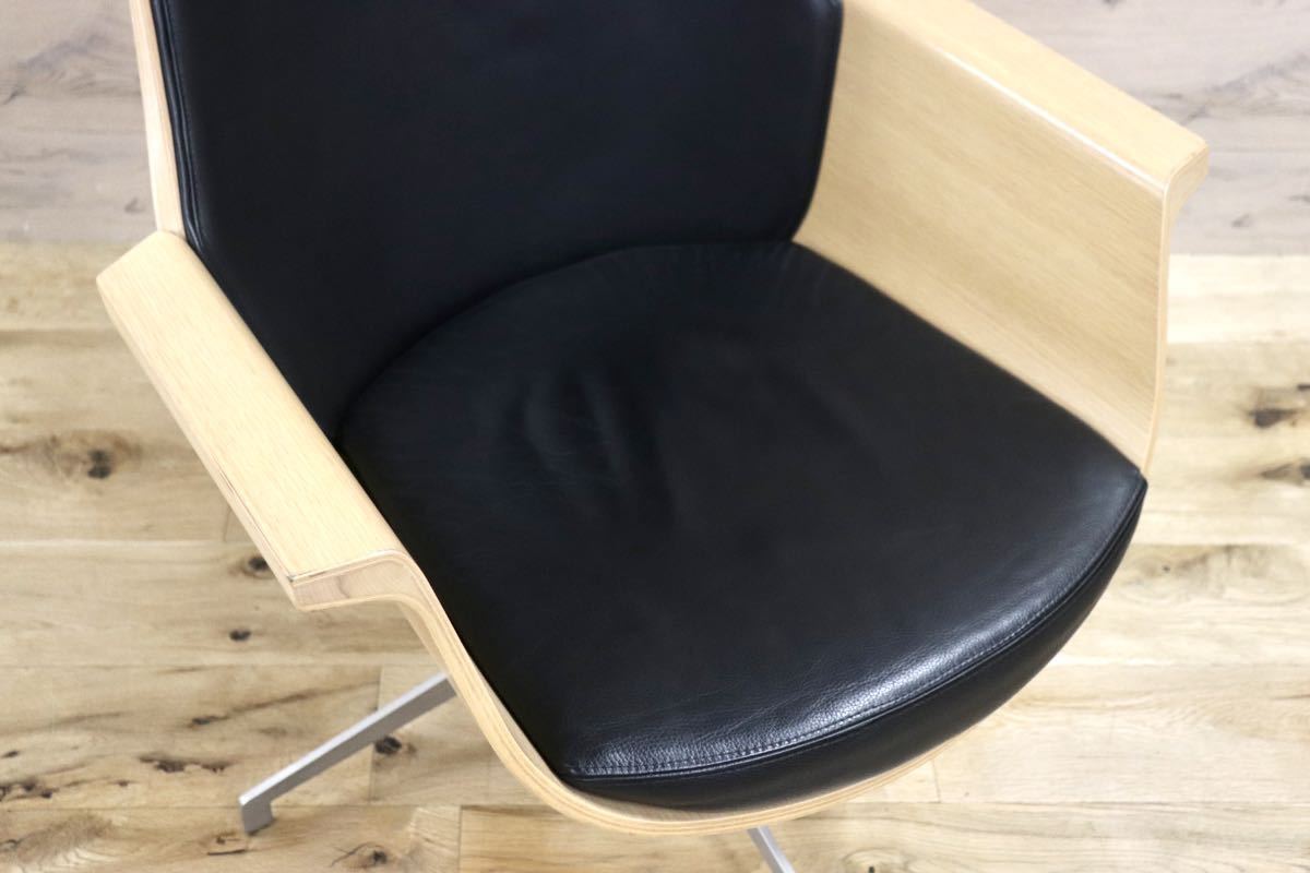 GMFS320A○北欧スタイル パーソナルチェア ラウンジチェア 回転椅子 本革 ブラック スタイリッシュ 検)北欧 デンマーク ヴィンテージ