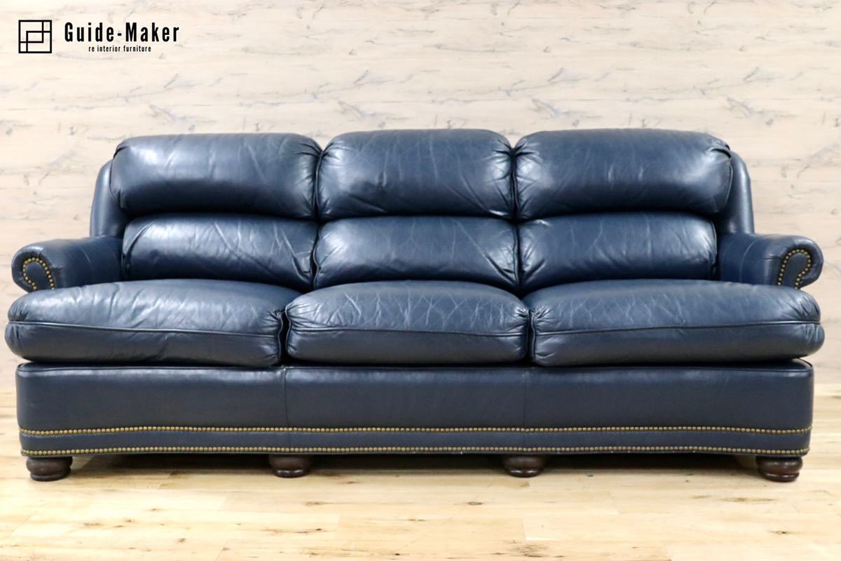 GMFK752○Hancock & Moore / ハンコック&ムーア 3人掛けソファ トリプルソファ 総革 青 ホワイトハウス御用達 IDC大塚家具 定価約120万