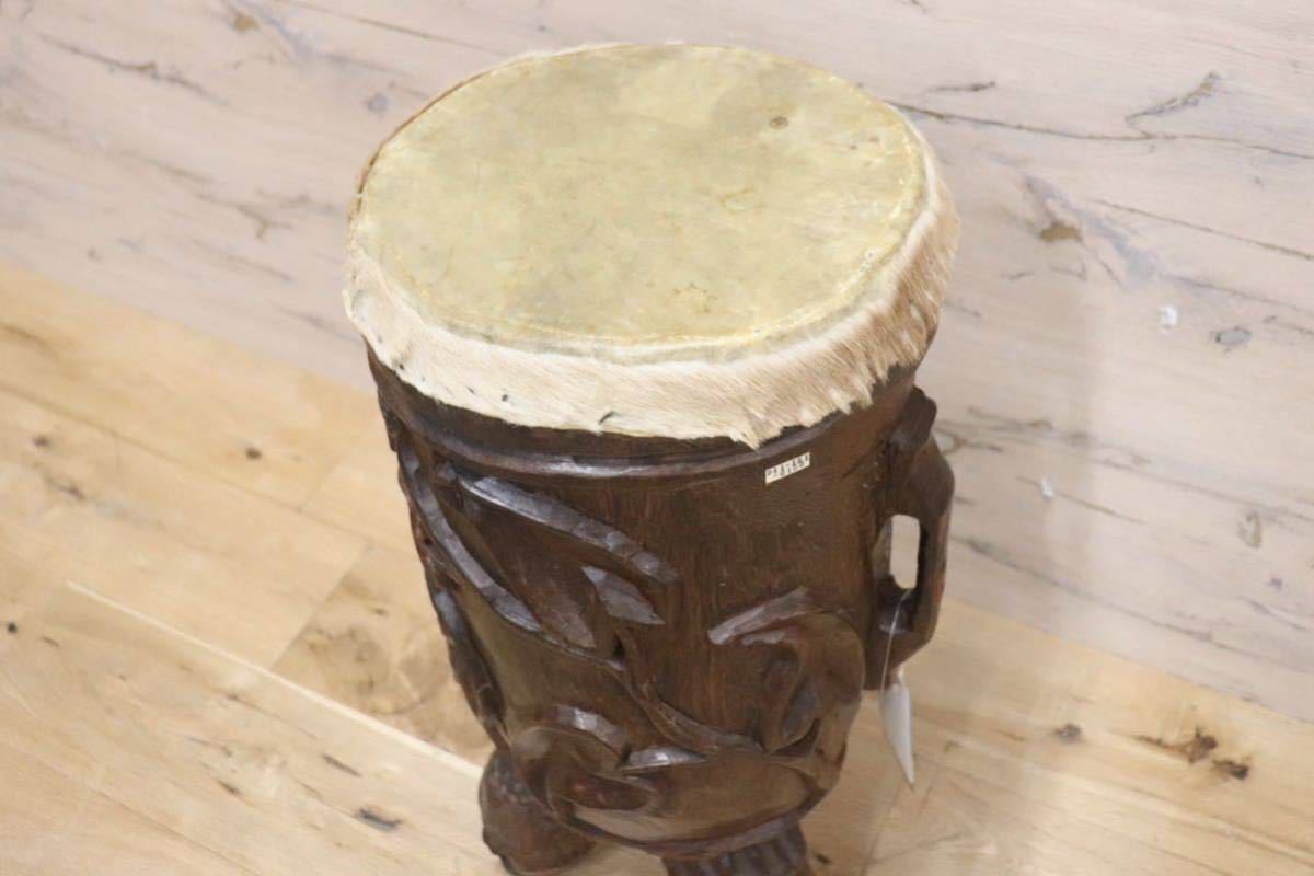GMFH386○民族楽器 ドラム アフリカ 彫刻 トム 本革 オブジェ 美術品 飾り 置き物 展示品