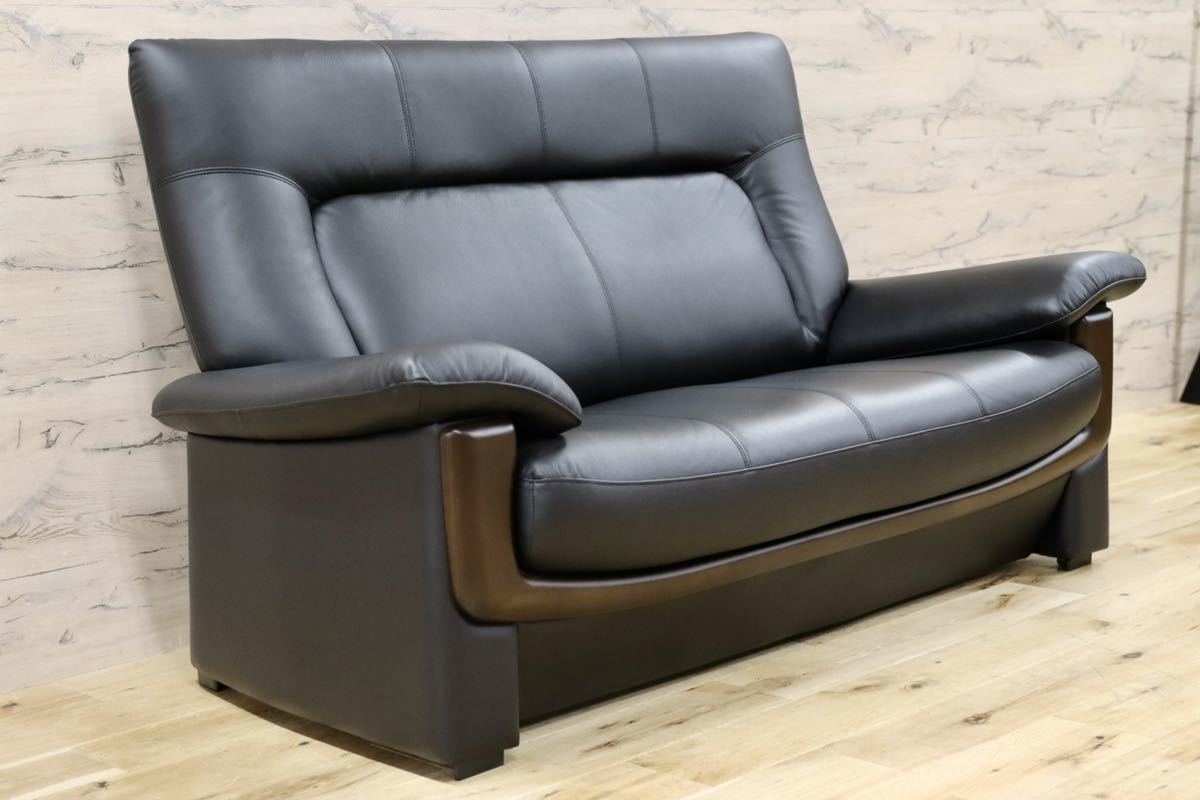 GMFN283○アサヒ 2人掛けソファ ラブソファ 2シーター 黒 合皮 長椅子 リビング チェア 展示品 検)カリモク チターノ