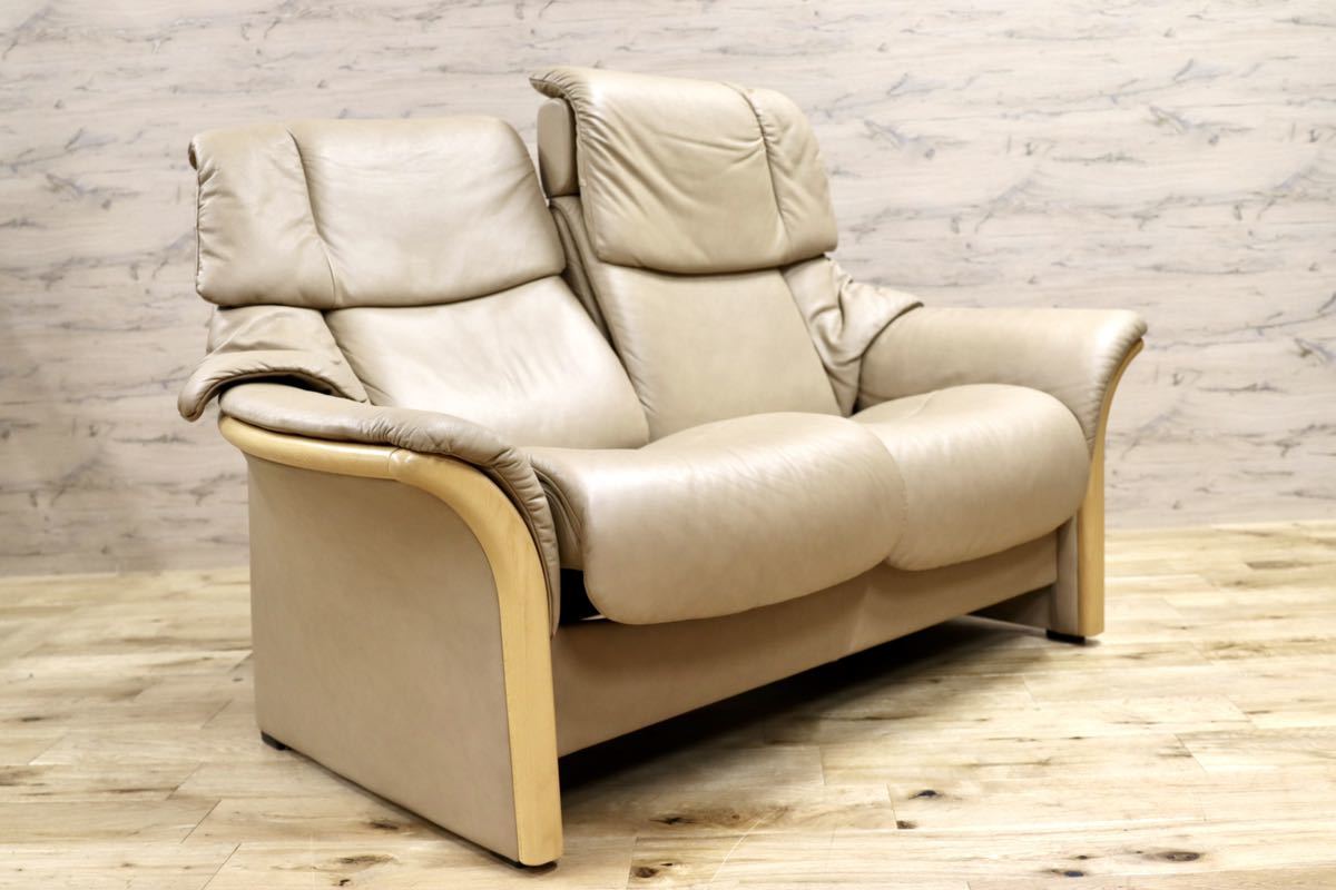 GMFH438○EKORNES / エコーネス エルドラド 2人掛けソファ ラブソファ 北欧 ノルウェー ベージュ 総革 最高級 定価約62万 美品