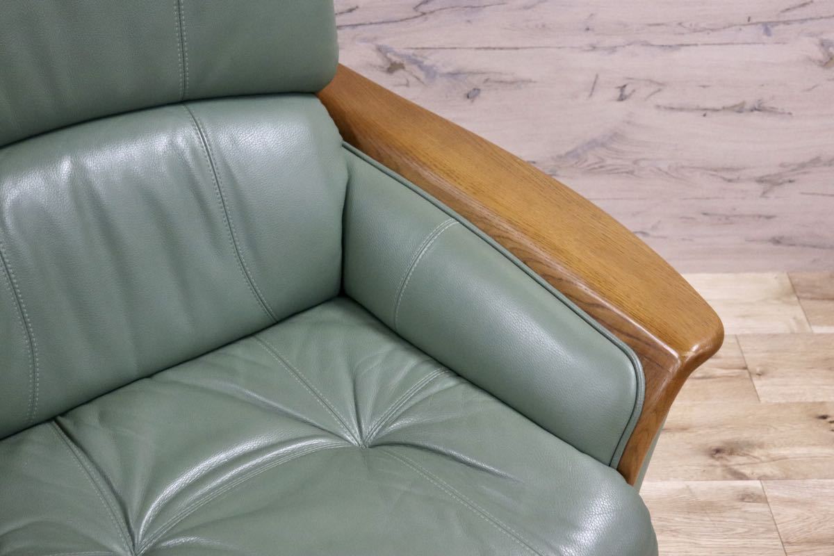 GMFN294○浜本工芸 / HAMAMOTO 1人掛けソファ シングルソファ 回転椅子 パーソナルチェア 本革 グリーン 国産家具 定価約15万