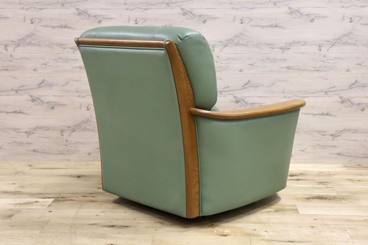 GMFN294○浜本工芸 / HAMAMOTO 1人掛けソファ シングルソファ 回転椅子 パーソナルチェア 本革 グリーン 国産家具 定価約15万
