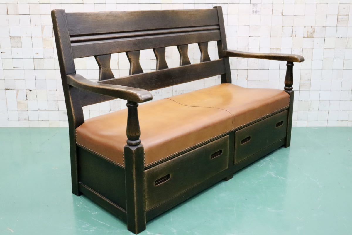 GMFS392○飛騨産業 / HIDA PROVINCIAL プロヴィンシャル 2人掛けソファ ラブソファ ベンチ 長椅子 鋲打ち 本革 オーク無垢材 最高級 希少