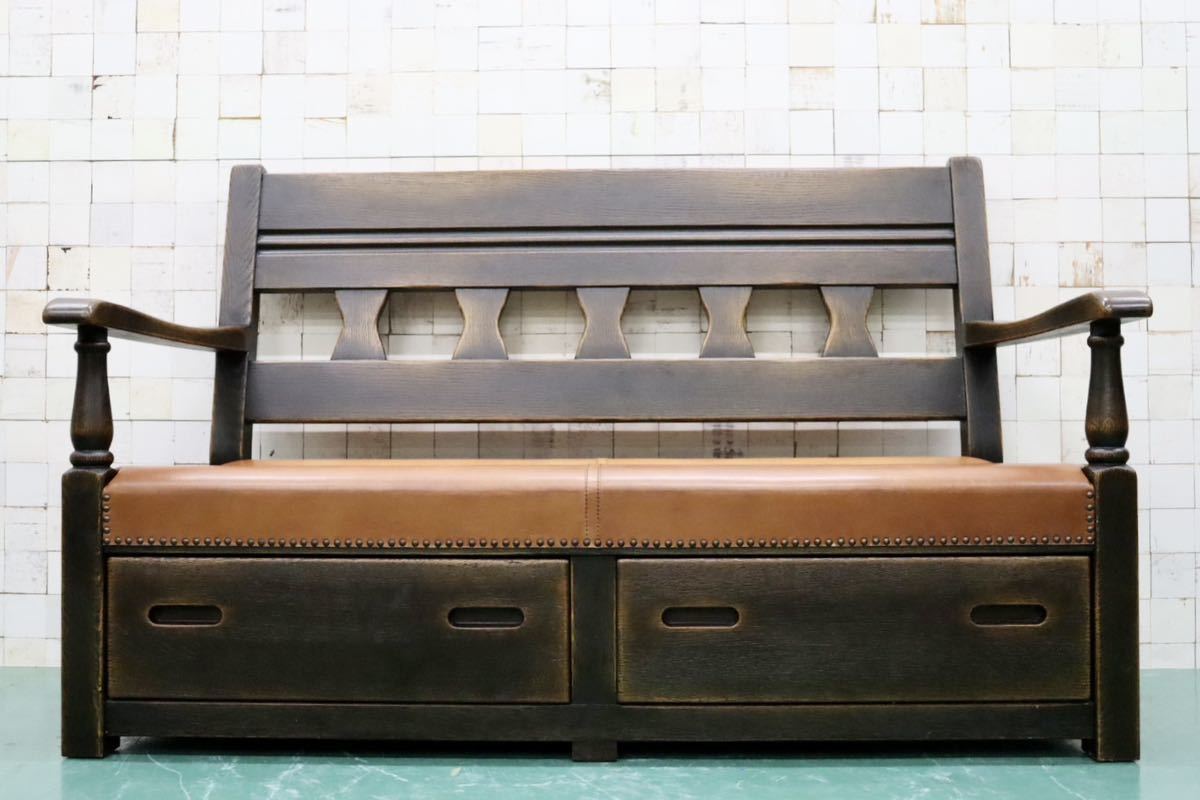 GMFS392○飛騨産業 / HIDA PROVINCIAL プロヴィンシャル 2人掛けソファ ラブソファ ベンチ 長椅子 鋲打ち 本革 オーク無垢材 最高級 希少