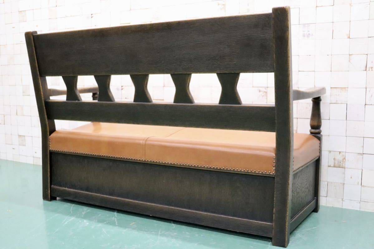 GMFS392○飛騨産業 / HIDA PROVINCIAL プロヴィンシャル 2人掛けソファ ラブソファ ベンチ 長椅子 鋲打ち 本革 オーク無垢材 最高級 希少