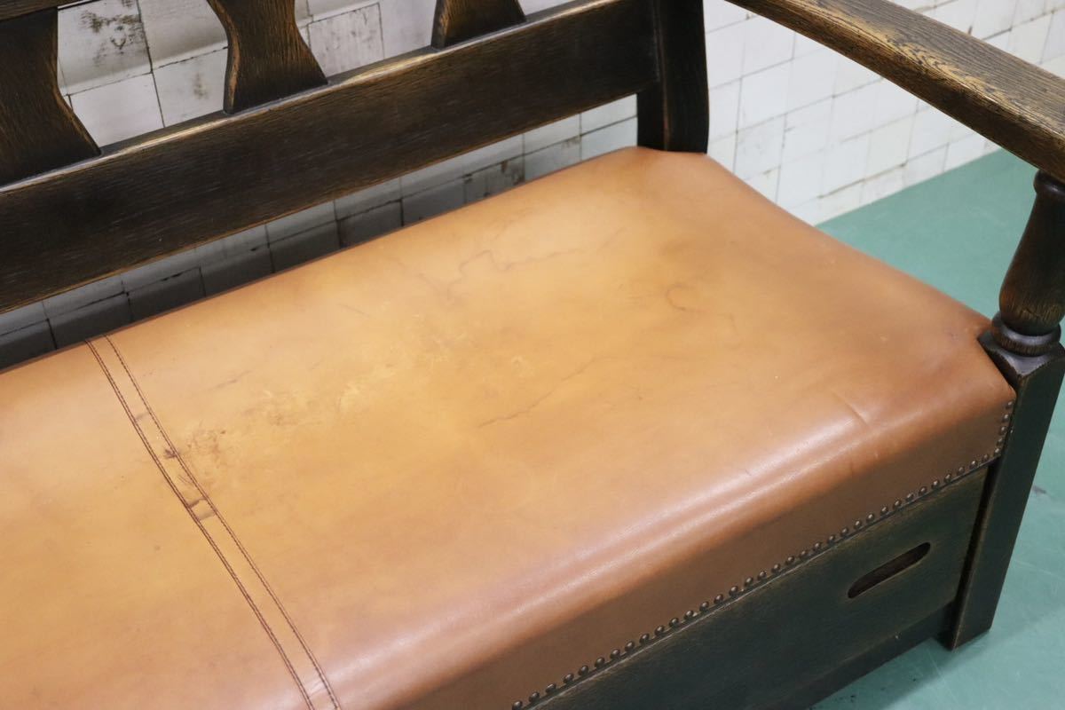 GMFS392○飛騨産業 / HIDA PROVINCIAL プロヴィンシャル 2人掛けソファ ラブソファ ベンチ 長椅子 鋲打ち 本革 オーク無垢材 最高級 希少