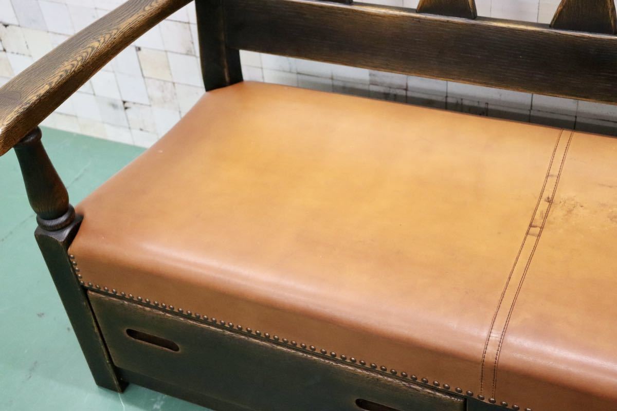 GMFS392○飛騨産業 / HIDA PROVINCIAL プロヴィンシャル 2人掛けソファ ラブソファ ベンチ 長椅子 鋲打ち 本革 オーク無垢材 最高級 希少