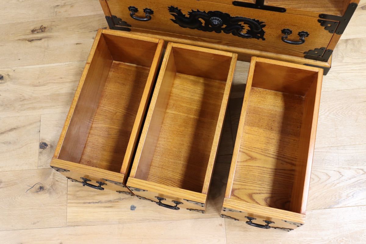 GMFS365○薬箱 小引き出し 収納家具 無垢材 楢材 昭和レトロ 小箪笥 時代箪笥 小物入れ アンティーク 工房家具