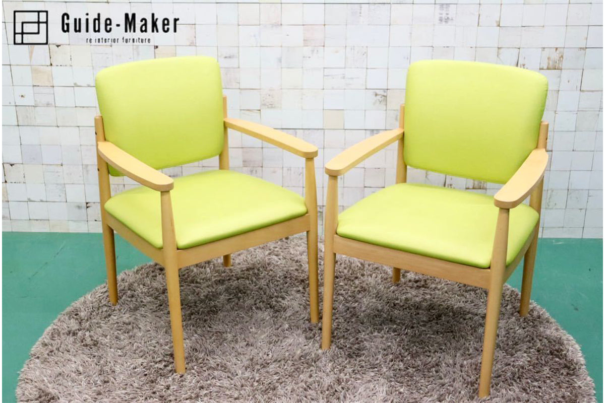 GMFT413C○LION / ライオン事務器 アームチェア オフィスチェア 椅子 2脚セット 合皮 イエローグリーン ナチュラル