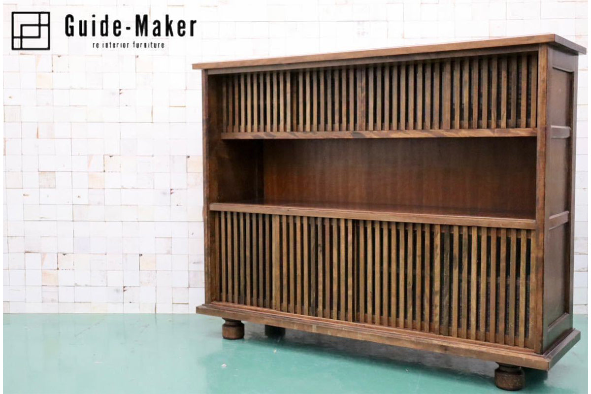 GMFT338○九州民芸家具 サイドボード 飾り棚 リビングボード 食器棚 格子戸 茶棚 和家具 樺材 和室 座敷 和モダン アンティーク 定価約45万