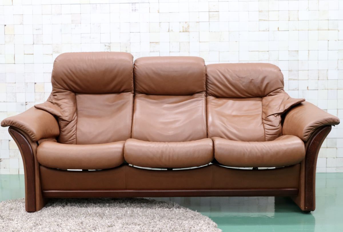 GMES5○Hjellegjerde / イエリアーダ シモンズ 3人掛けソファ トリプルソファ リクライニング 北欧 ノルウェー 希少 ヴィンテージ 総本革