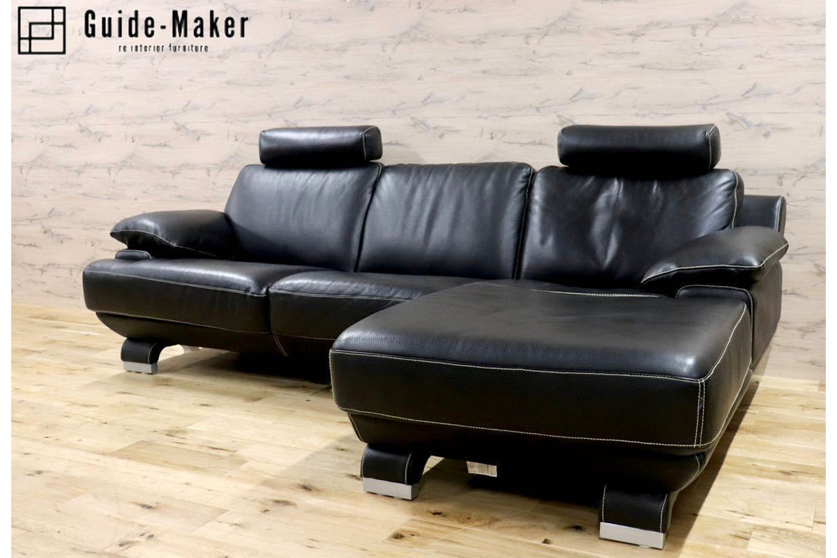 GMFH375○IDC大塚家具 L/S LUXE-01 リュクス カウチソファ コーナーソファ 総革 ブラック ヘッドレスト 最高峰 モダン 定価約83万 美品