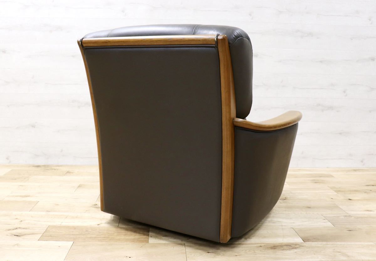GMFN83○浜本工芸 / HAMAMOTO 回転チェア シングルソファ 革張り 国産家具 楢材 パーソナルチェア 定価約15万