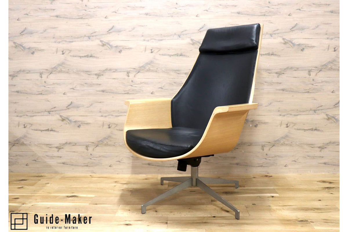 GMFS320C○北欧スタイル パーソナルチェア ラウンジチェア 回転椅子 本革 ブラック スタイリッシュ 検)北欧 デンマーク ヴィンテージ