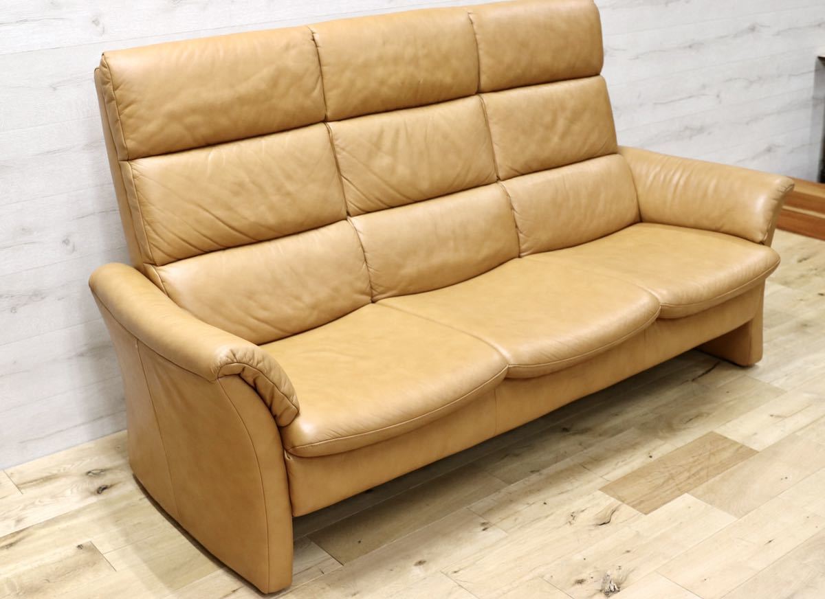 GMFN47○himolla / ヒモラ 3人掛けソファ トリプルソファ 総革 柑子色 IDC大塚家具 ドイツ 高級家具 定価約67万 ハイバック