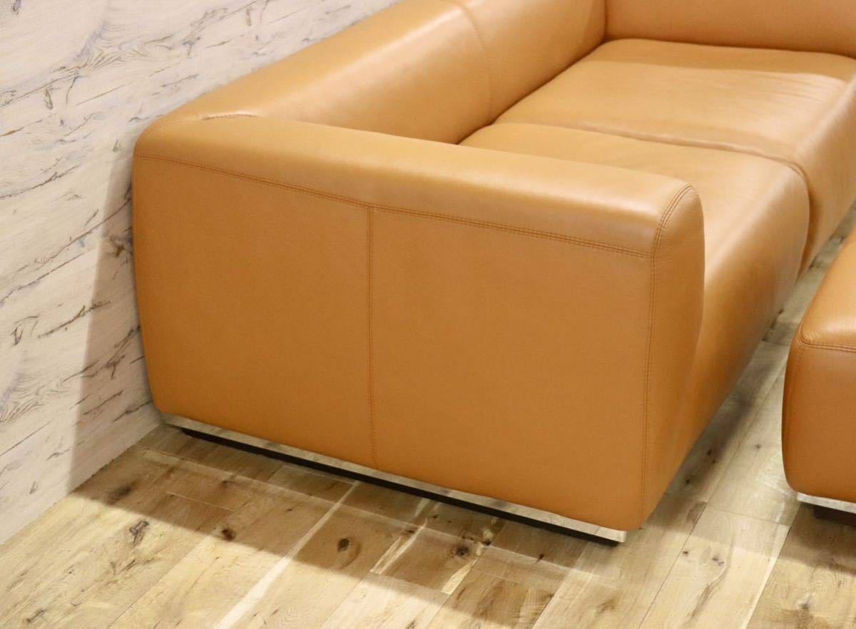 GMFK334○イタリア製 最高級 総本革 3人掛けソファ トリプルソファ オットマン オレンジ 輸入家具 モダン ラグジュアリー 美品 約150万