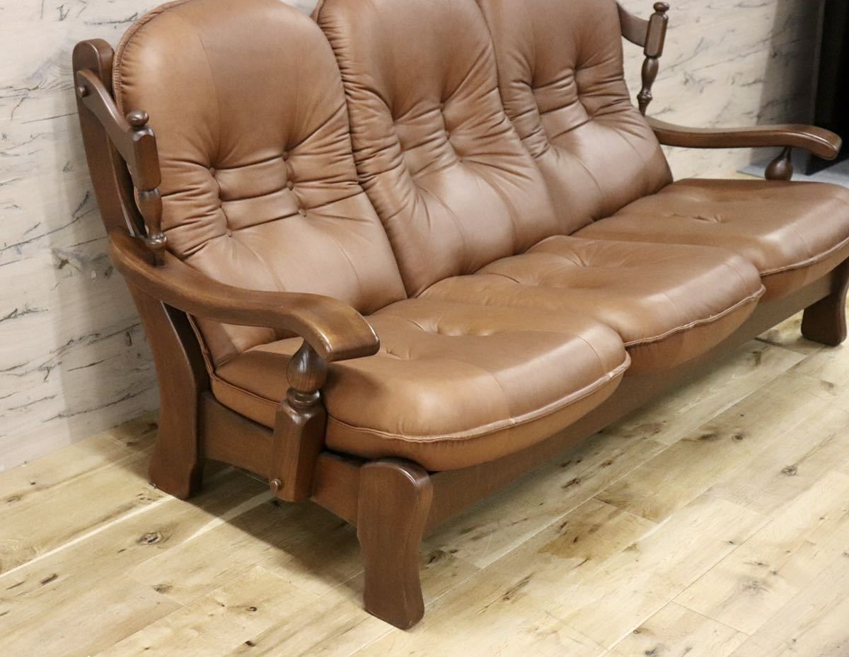 GMFN177○オランダ ダッチカントリースタイル 3人掛けソファ トリプルソファ 本革 ブラウン オーク材