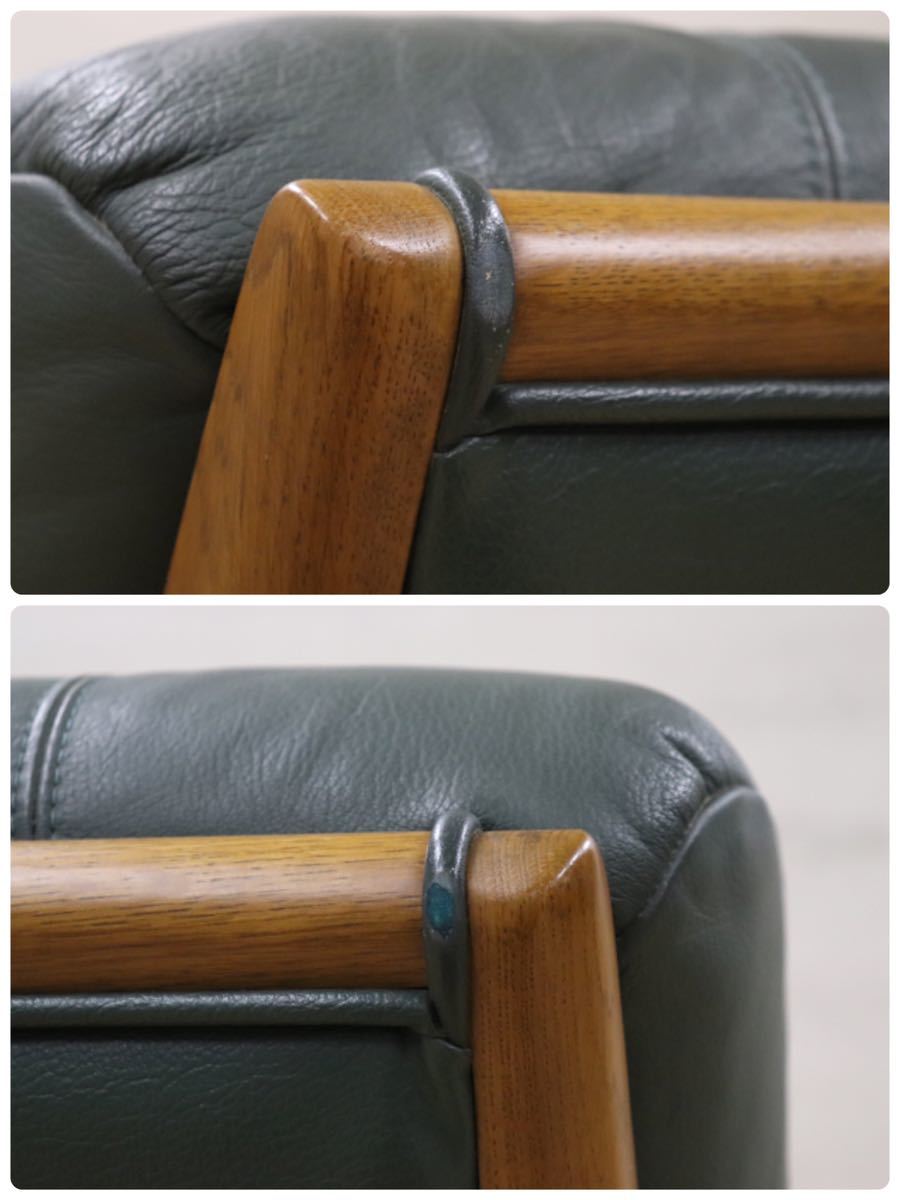 GMDKS308○ 浜本工芸 / HAMAMOTO 回転チェア シングルソファ 革張り 国産 緑 グリーン 楢材 パーソナルチェア 定価約15万