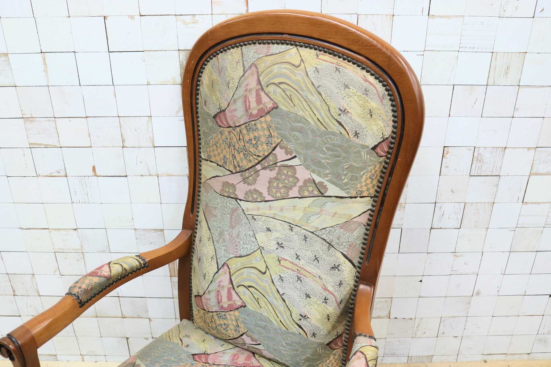 GMIK583○イタリア製 サロンチェア 椅子 アームチェア ファブリック 鋲打ち 猫脚 クラシック ヨーロピアン アンティーク調 ロココ調