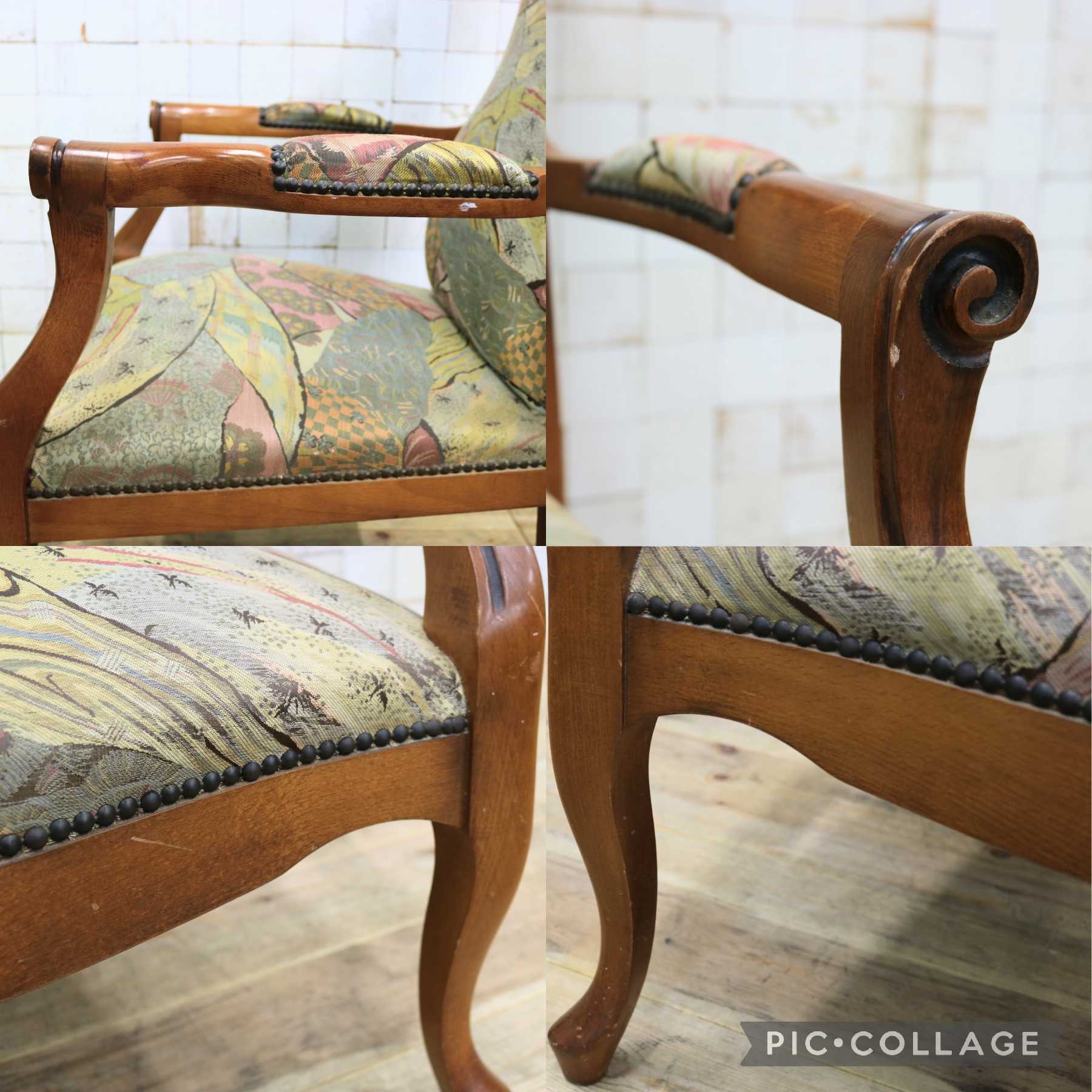 GMIK583○イタリア製 サロンチェア 椅子 アームチェア ファブリック 鋲打ち 猫脚 クラシック ヨーロピアン アンティーク調 ロココ調