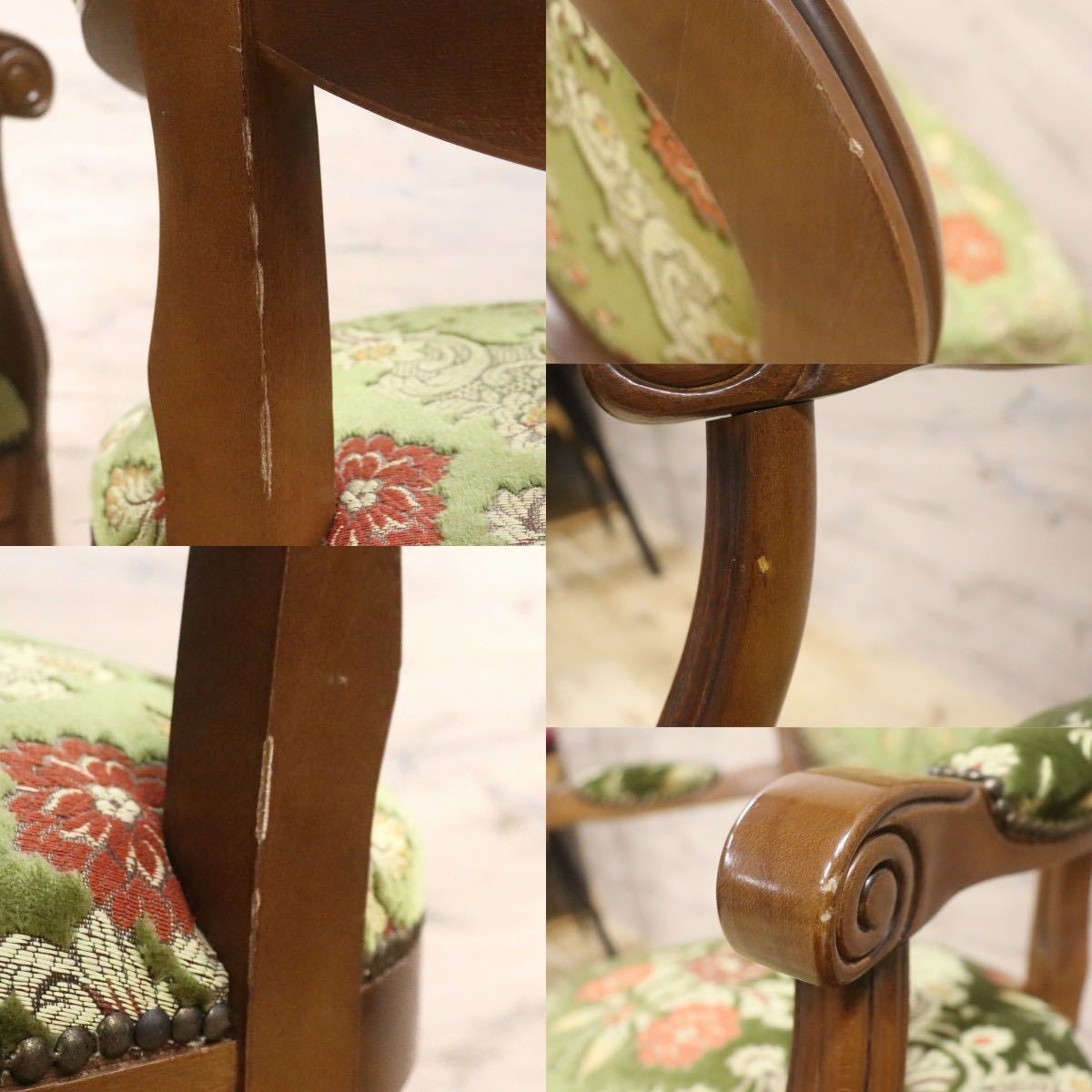 GMGH229○イタリア製 金華山織 ダイニングチェア アームチェア 椅子 クラシック エレガント 彫刻 猫脚 ファブリック グリーン 2脚セッ